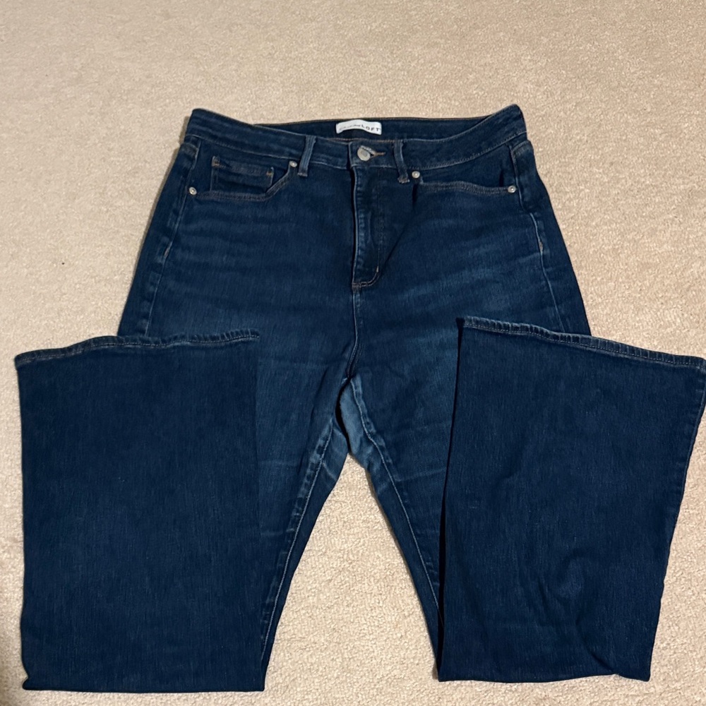 LOFT Dark Blue Curvy Slim Wide-Leg Flare Jeans - Picture 2 of 9